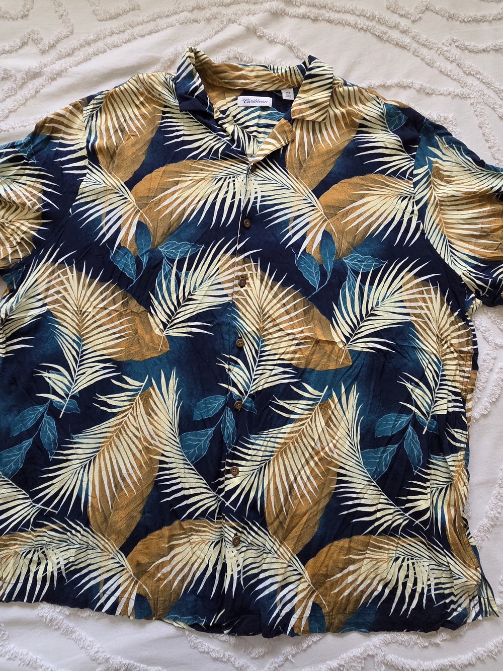 Caribbean Navy Tropical Leaf Print Button-Down Shirt